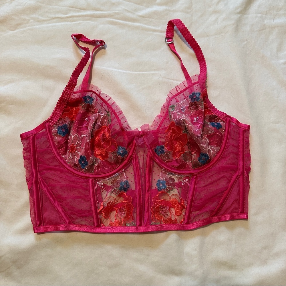 For Love And Lemons Fuchsia Floral Embroidered Longline Corset